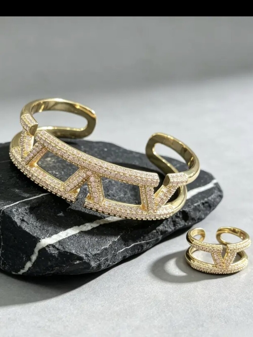 18k Gold Plated Diamond Letter V Bangle & Ring Set